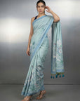 Sky Premium Muga Cotton Saree with Resham Weaving Buttis and Pencil Art Pallu