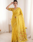 Yellow Premium Soft Muga Cotton Saree with Paithani Swan Meenakari Pallu