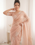 Peach Pure Raspberry Crush Silk Saree with Lucknowi Embroidery