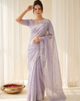 Lavender Pure Raspberry Crush Silk Saree with Lucknowi Embroidery