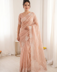Peach Pure Raspberry Crush Silk Saree with Lucknowi Embroidery
