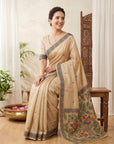 Chickoo Muga Cotton Saree For Women Madhubani Print Resham Weaving Soft Cotton Saree Traditional Handloom Saree With Blouse