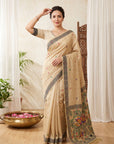Chickoo Muga Cotton Saree For Women Madhubani Print Resham Weaving Soft Cotton Saree Traditional Handloom Saree With Blouse