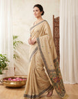 Chickoo Muga Cotton Saree For Women Madhubani Print Resham Weaving Soft Cotton Saree Traditional Handloom Saree With Blouse