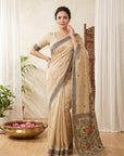 Chickoo Muga Cotton Saree For Women Madhubani Print Resham Weaving Soft Cotton Saree Traditional Handloom Saree With Blouse