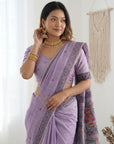 Lavender Muga Cotton Saree For Women Madhubani Print Resham Weaving Soft Cotton Saree Traditional Handloom Saree With Blouse