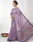 Lavender Muga Cotton Saree For Women Madhubani Print Resham Weaving Soft Cotton Saree Traditional Handloom Saree With Blouse