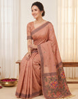 Peach Muga Cotton Saree For Women Madhubani Print Resham Weaving Soft Cotton Saree Traditional Handloom Saree With Blouse