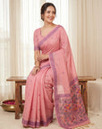 Pink Muga Cotton Saree For Women Madhubani Print Resham Weaving Soft Cotton Saree Traditional Handloom Saree With Blouse