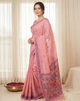 Pink Muga Cotton Saree For Women Madhubani Print Resham Weaving Soft Cotton Saree Traditional Handloom Saree With Blouse