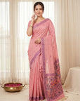 Pink Muga Cotton Saree For Women Madhubani Print Resham Weaving Soft Cotton Saree Traditional Handloom Saree With Blouse