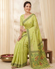 Pista Muga Cotton Saree For Women Madhubani Print Resham Weaving Soft Cotton Saree Traditional Handloom Saree With Blouse