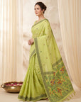 Pista Muga Cotton Saree For Women Madhubani Print Resham Weaving Soft Cotton Saree Traditional Handloom Saree With Blouse