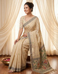 White Muga Cotton Saree For Women Madhubani Print Resham Weaving Soft Cotton Saree Traditional Handloom Saree With Blouse