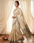 White Muga Cotton Saree For Women Madhubani Print Resham Weaving Soft Cotton Saree Traditional Handloom Saree With Blouse
