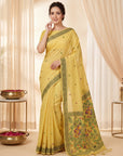 Yellow Muga Cotton Saree For Women Madhubani Print Resham Weaving Soft Cotton Saree Traditional Handloom Saree With Blouse
