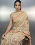 CHICKOO Premium Muga Cotton Saree with Resham Weaving Buttis and Pencil Art Pallu