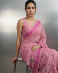 Pink Premium Muga Cotton Saree with Resham Weaving Buttis and Pencil Art Pallu