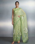 Pista Premium Muga Cotton Saree with Resham Weaving Buttis and Pencil Art Pallu