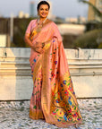 Baby Pink Bamboo Tissue Silk Paithani Saree with Meenakari Motifs, Half Half Design and Muniya Border