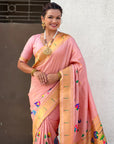 Baby Pink Bamboo Tissue Silk Paithani Saree with Meenakari Motifs, Half Half Design and Muniya Border