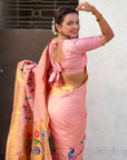 Baby Pink Bamboo Tissue Silk Paithani Saree with Meenakari Motifs, Half Half Design and Muniya Border