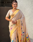 White Bamboo Tissue Silk Paithani Saree with Meenakari Motifs, Half Half Design and Muniya Border