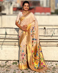 White Bamboo Tissue Silk Paithani Saree with Meenakari Motifs, Half Half Design and Muniya Border