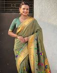 Green Bamboo Tissue Silk Paithani Saree with Meenakari Motifs, Half Half Design and Muniya Border