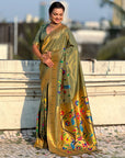 Green Bamboo Tissue Silk Paithani Saree with Meenakari Motifs, Half Half Design and Muniya Border