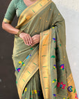 Green Bamboo Tissue Silk Paithani Saree with Meenakari Motifs, Half Half Design and Muniya Border