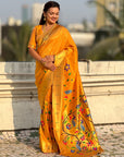 Mustard Bamboo Tissue Silk Paithani Saree with Meenakari Motifs, Half Half Design and Muniya Border