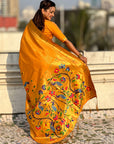 Mustard Bamboo Tissue Silk Paithani Saree with Meenakari Motifs, Half Half Design and Muniya Border