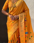 Mustard Bamboo Tissue Silk Paithani Saree with Meenakari Motifs, Half Half Design and Muniya Border