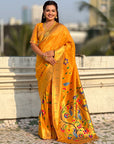 Mustard Bamboo Tissue Silk Paithani Saree with Meenakari Motifs, Half Half Design and Muniya Border