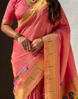 Pink Bamboo Tissue Silk Paithani Saree with Meenakari Motifs, Half Half Design and Muniya Border