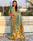 Rama Bamboo Tissue Silk Paithani Saree with Meenakari Motifs, Half Half Design and Muniya Border