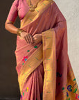 Wine Bamboo Tissue Silk Paithani Saree with Meenakari Motifs, Half Half Design and Muniya Border