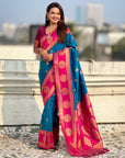 Soft Silk Peacock Zari Woven Saree with Rich Pallu and Contrast Border for Wedding and Festive Wear