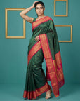 Bottle Green Premium Soft Silk Saree Gold Zari Woven Saree Contrast Pallu Festive Saree With Blouse