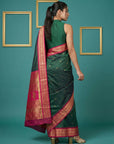Bottle Green Premium Soft Silk Saree Gold Zari Woven Saree Contrast Pallu Festive Saree With Blouse
