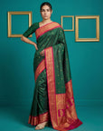 Bottle Green Premium Soft Silk Saree Gold Zari Woven Saree Contrast Pallu Festive Saree With Blouse