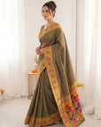 Black Bamboo Tissue Silk Paithani Saree Designer Traditional Saree With Lotus Meenakari Pallu Zari Weaving Wedding Festive Saree