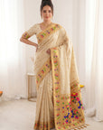 Cream Bamboo Tissue Silk Paithani Saree Designer Traditional Saree With Lotus Meenakari Pallu Zari Weaving Wedding Festive Saree