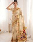 Cream Bamboo Tissue Silk Paithani Saree Designer Traditional Saree With Lotus Meenakari Pallu Zari Weaving Wedding Festive Saree