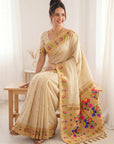 Cream Bamboo Tissue Silk Paithani Saree Designer Traditional Saree With Lotus Meenakari Pallu Zari Weaving Wedding Festive Saree