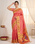 Peach Bamboo Tissue Silk Paithani Saree Designer Traditional Saree With Lotus Meenakari Pallu Zari Weaving Wedding Festive Saree