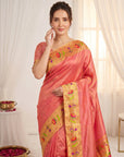 Peach Bamboo Tissue Silk Paithani Saree Designer Traditional Saree With Lotus Meenakari Pallu Zari Weaving Wedding Festive Saree