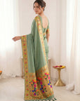 Sea Green Bamboo Tissue Silk Paithani Saree Designer Traditional Saree With Lotus Meenakari Pallu Zari Weaving Wedding Festive Saree