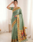 Sea Green Bamboo Tissue Silk Paithani Saree Designer Traditional Saree With Lotus Meenakari Pallu Zari Weaving Wedding Festive Saree